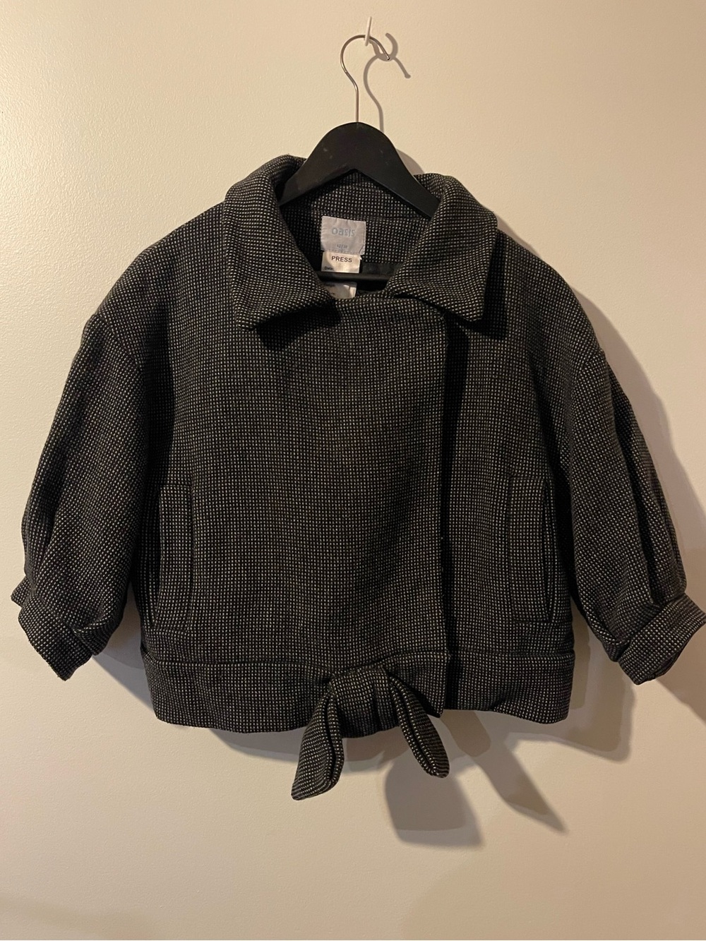 Oak + Fort Black Gray Tweed Short Sleeve Front Tie Jacket